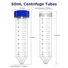 Non- Sterilized Transparent 50ml Graduated Centrifuge Tube, Polyproplyene, Conical Bottom,Leak Proof Tubes Pack of 50